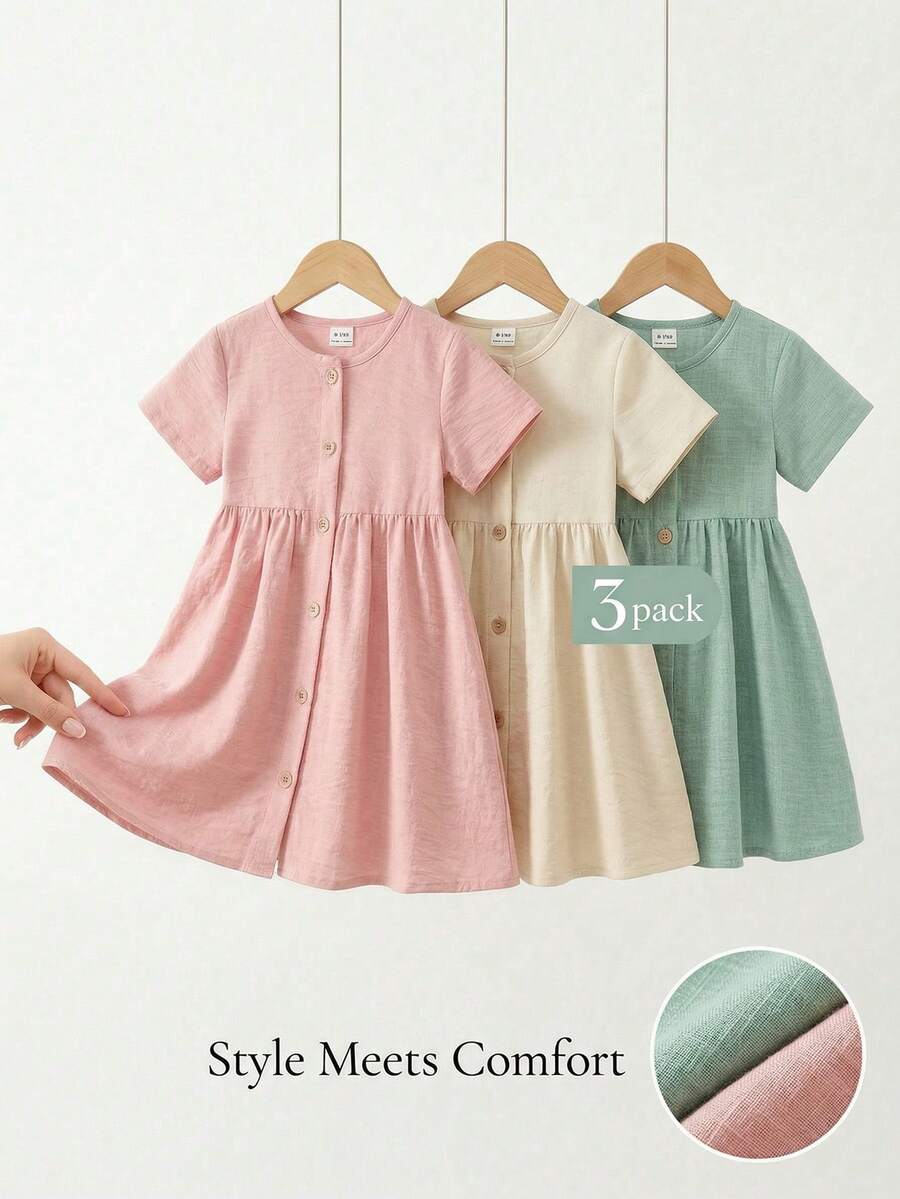 SHEIN Playful Pals 3件組女嬰可愛鈕扣前襟修身傘裙夏季休閒洋裝,粉色與綠色畢業風太陽裙套裝,適合女嬰、大童度假穿著 - 彩色 - 查看 1