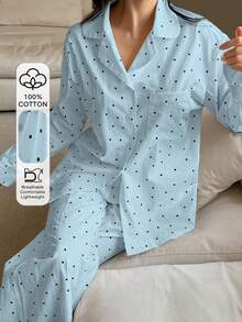 DAZY Bộ đồ ngủ 2 món in chấm bi, áo khoác cardigan rộng và quần ống đứng, thích hợp cho mùa xuân và mùa thu dành cho nữ. - Màu xanh lam - Xem 3