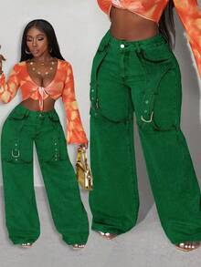 Slaydiva Plus Size Casual Everyday Street Snap Button Detail Loose Fit Jeans - Green - View 3
