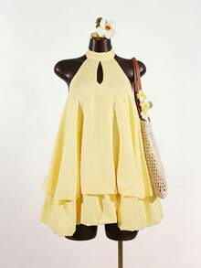 SaltGleam SaltGleam Summer Solid Color Backless Halter Neck Sexy Dress - Yellow - View 1