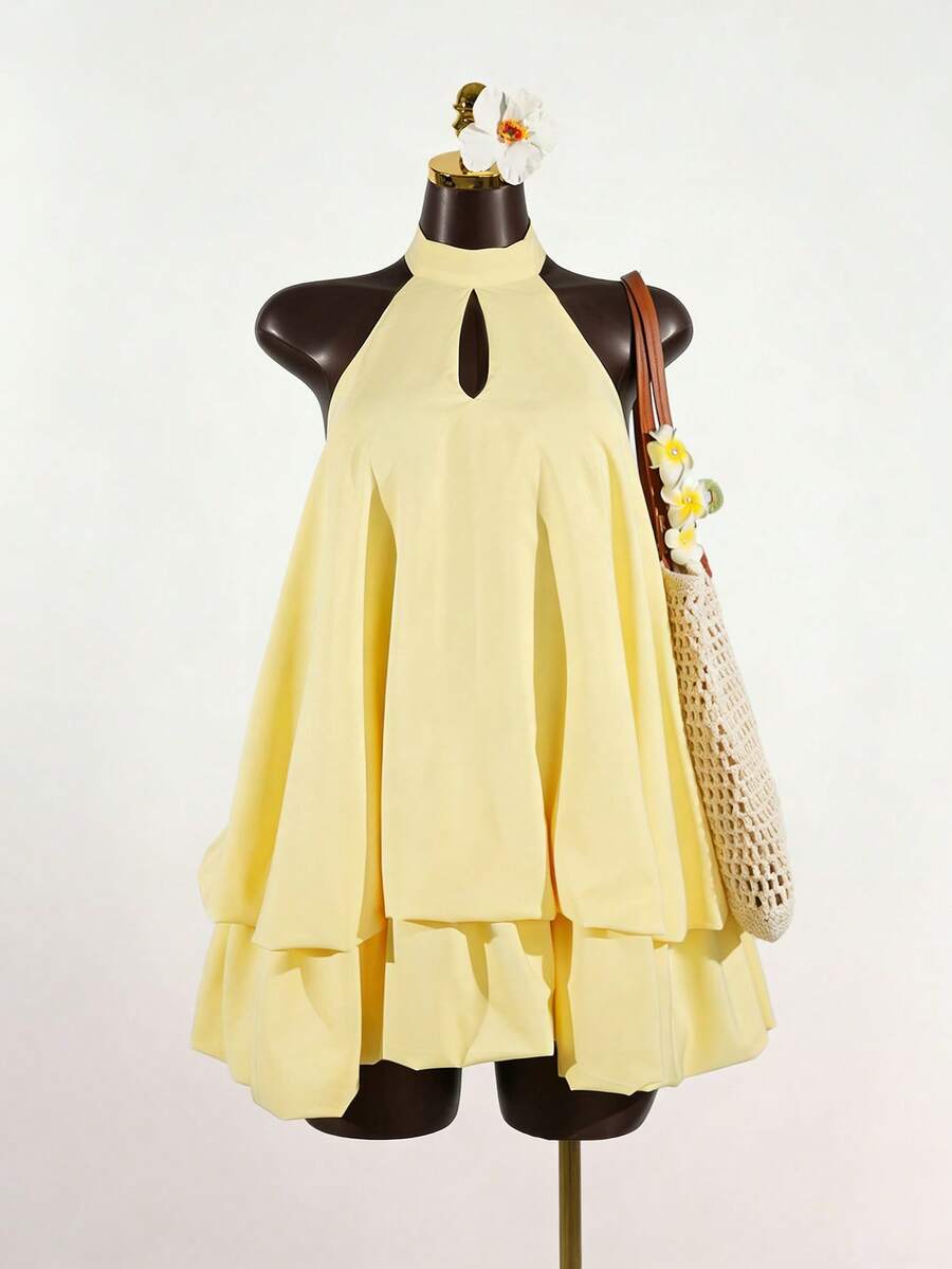 SaltGleam SaltGleam Summer Solid Color Backless Halter Neck Sexy Dress - Yellow - View 1