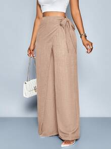 SOLERSUN Women's Linen-Like Belted High Waist Linen-Blend Tie Side Belted Wide Leg Pants - Apricot - View 4