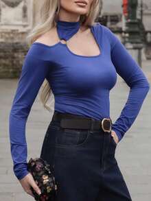 Elenary Edit 女士不对称肩部镂空修身 T 恤 - 寶藍色 - 查看 3