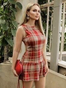 Elenary Edit Vintage Collegiate Style Brushed Plaid Mini Dress - Red - View 6