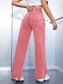 SHEIN ICON 女士不对称腰袋直筒宽松休闲百搭牛仔裤 - 粉色 - 查看 2