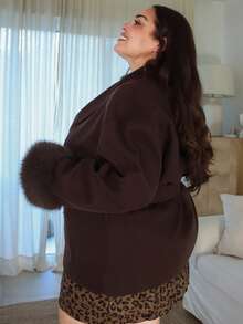 Pretty and Ole Plus Size Women's Solid Color Shawl Collar Long Sleeve Faux Fur Patchwork Woolen Coat, Autumn/Winter Office Old Money - Coffee Brown - View 4