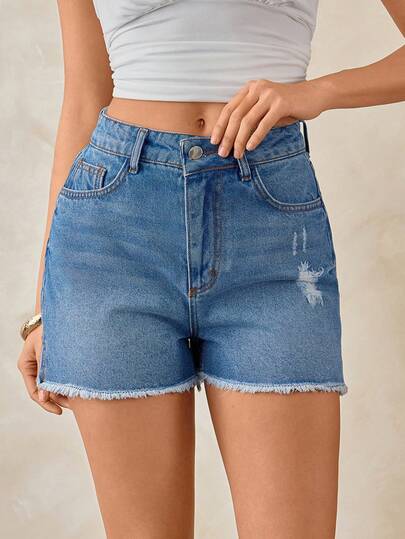 SHEIN High Waist Frayed Hem Slit Fashionable Skinny Denim Shorts