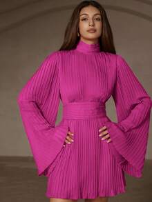 ia Rosie Vestido elegante y ligero de gasa con cuello alto, mangas acampanadas, diseño de cintura ceñida, adecuado para el Día de San Valentín, fiestas de Navidad, estilo europeo y americano - Rojo violeta - Ver 5
