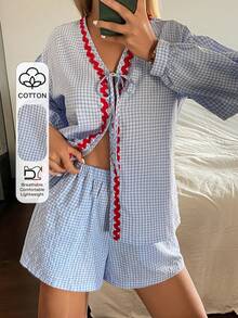 DAZY Bộ đồ ngủ nữ mùa xuân hè gồm áo khoác cardigan dài tay và quần short kẻ caro dáng rộng 2 món. - Màu xanh lam - Xem 4