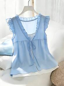 GlowEve Women's Summer New Casual Vacation Blue & White Ruffle Trim Bow Tie 2 In 1 Flare Sleeve Blouse - Blue and White - View 3