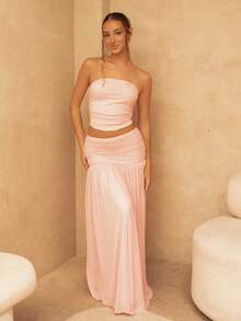 juhmazzocco 2pcs/Set Women Summer Holiday Romantic Pink Mesh Bandeau Top And High Waist Pleated Mesh Maxi Skirt - Pink - View 1