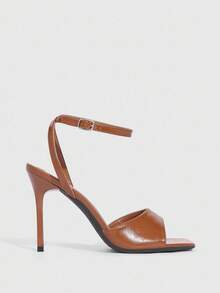 CUCCOO SZL Sandal mũi vuông màu nâu caramel, gót mỏng, khóa kim loại, gót cao mảnh, thích hợp đi làm. - Màu vàng nâu - Xem 4