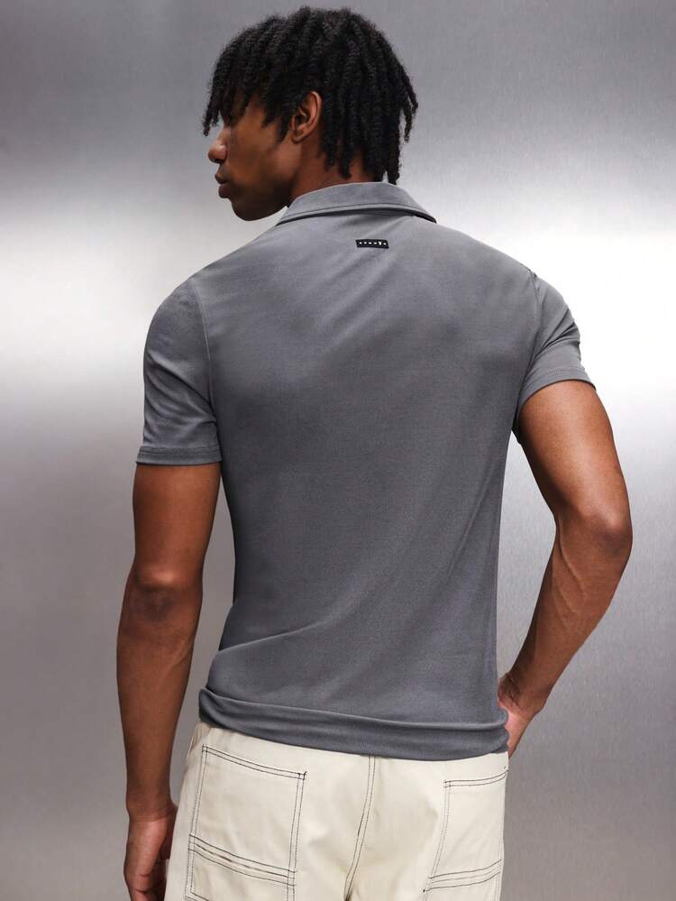 PLAYBOY X SUMWON Bunny Logo Collared Short Sleeve Slim Fit Zip Up Polo Shirt With Ribbed Collar