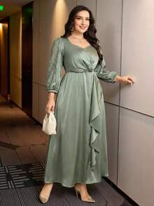 Modelyn Plus Size Elegant Commuter Solid Color Lace Trim Dress Ruched Detail Dress Elegant Modest Dress - Green - View 8