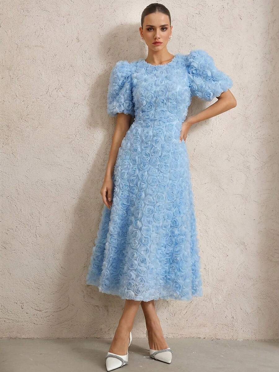 Aveloria Rosie 法式浪漫玫瑰3D装饰V领花瓣袖收腰连衣裙（女款） - 藍色 - 查看 1