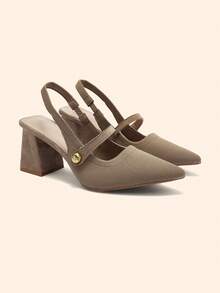 CUCCOO BASICS Women's Fashion Fabric Back Strap Chunky Heel Pointed Toe PU Leather Casual Slingback Pumps, Suitable For Commuting, Date, Party, Vacation For Christmas Spring Shoes - Khaki - View 5