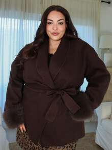 Pretty and Ole Plus Size Women's Solid Color Shawl Collar Long Sleeve Faux Fur Patchwork Woolen Coat, Autumn/Winter Office Old Money - Coffee Brown - View 1