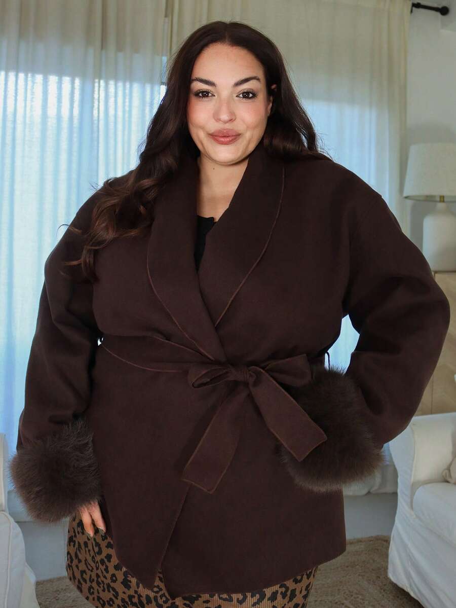 Pretty and Ole Plus Size Women's Solid Color Shawl Collar Long Sleeve Faux Fur Patchwork Woolen Coat, Autumn/Winter Office Old Money - Coffee Brown - View 1
