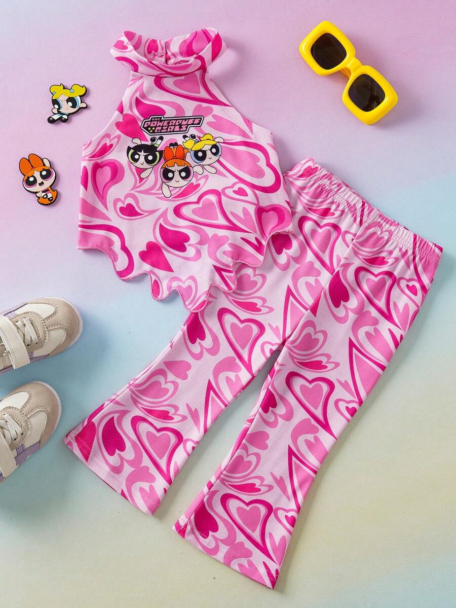 THE POWERPUFF GIRLS X SHEIN 2pcs Baby Girl Cute Casual Style Halter Top And Flared Pants Set - Multicolor - View 1