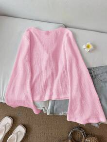 SHEIN LUNE 女款休閒浪漫可愛綁帶喇叭袖上衣蝴蝶結軟粉色針織開襟衫女式度假秋季外套 - 淺粉色 - 查看 3