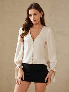 Aveloria Rosie New European And American Style Spring/Summer Fashion Versatile Solid Color Satin V-Neck Design Long Sleeve Blouse - Beige - View 3