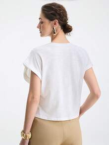 Aalyst Women's Elegant White Summer T-Shirt Casual Round Neck Short Sleeve Asymmetrical Hem Ruffled Waist Top,Suitable For Work,Dates And Vacation - White - View 3