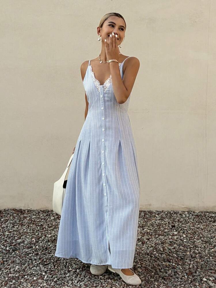 Women's Summer Lace Patchwork Blue Striped Casual Vacation Style Ruffle Hem Long Camisole Dress