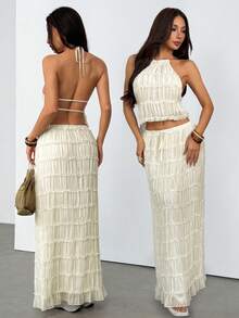 SHEIN PETITE Hàng mới về: Bộ đồ đi nghỉ mát phong cách Bohemian mùa hè dành cho nữ, bộ hai mảnh để mặc hàng ngày, khoe eo. - trắng - Xem 6
