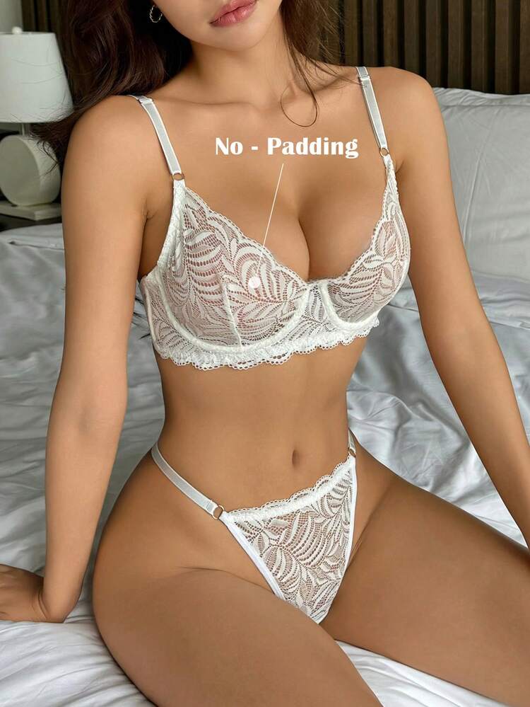2pcs Women Lingerie Set Lace Trim Halter Backless Bra Top And Thong Panty