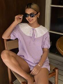 DAZY Bộ đồ ngủ 2 món phối ren kẻ caro dáng rộng tay ngắn và quần short cho nữ, thích hợp cho mùa hè. - Màu tím hoa cà - Xem 9