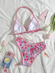 SHEIN 少女复古印花细肩带比基尼套装，夏季沙滩装杏色针织纹理贝壳装饰挂脖三角比基尼套装，夏季沙滩泳装 - 粉色 - 查看 3
