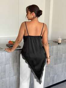Firerie Plus Size Elegant Lace Trim Asymmetric Hem Camisole For Summer - Black - View 3