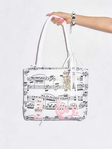 ROMWE Kawaii Bolso de hombro portátil de gran capacidad con gráfico de figura para mujeres - Partituras blancas - Ver 8