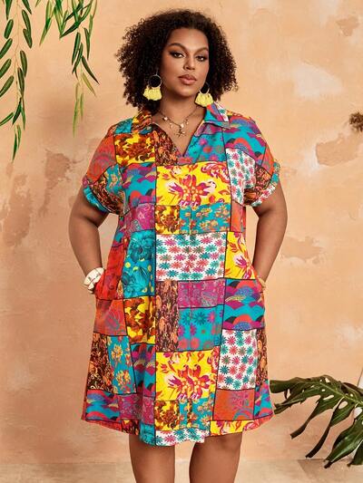 Plus Size Women Floral Print Casual Vacation Shirt Dress Patchwork Dress For Women Women's Plus Size Dresses Plus Size Summer Dresses With Pockets Plus Size Spring Clothes Plus Size Resort Wear Colourful Dresses For Women Bubu Dresses For Women African Clothes For Women Pilipiniana Dress For Women