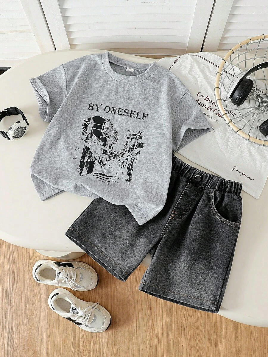 SHEIN Streecool Kids 2pcs/Set Summer New Retro Casual Loose Outfit, Letter Graphic Tee + Ombre Loose Shorts, Fashionable Toddler Boys Korean Style - Grey - View 1