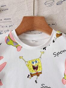 SpongeBob SquarePants | SHEIN 卡通字母印花短袖T恤，男童款 - 白色 - 查看 5