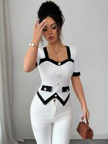 SHEIN Elenzya Women's Casual Patchwork Single-Breasted Short Sleeve T-Shirt, Versatile For Daily Wear - Black and White - View 5