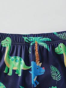 SHEIN 男童恐龙字母印花圆领短袖上衣和短裤/长裤休闲家居服套装 - 寶藍色 - 查看 4