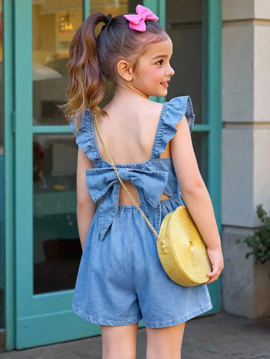Firerie Kids Square Neck Cap Sleeve Loose Open Back Jumpsuit For Vacation - Medium Wash - View 1