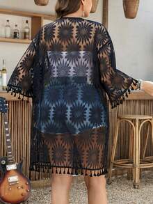 SHEIN LUNE 大码女式春夏度假黑色蕾丝拼接流苏夏季防晒休闲度假和服 - 黑色 - 查看 7