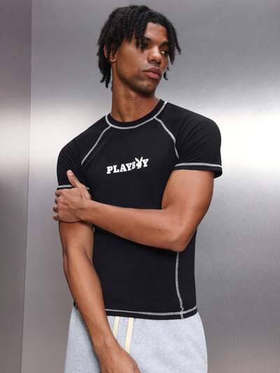PLAYBOY X SUMWON Herren Grafik Rundhals Kurzarm Slim Fit T-Shirt mit Kontrastnaht, klassischer Logo-Muster, lässiges Baumwoll-Tee-Shirt für Sommer und Frühling, Streetwear