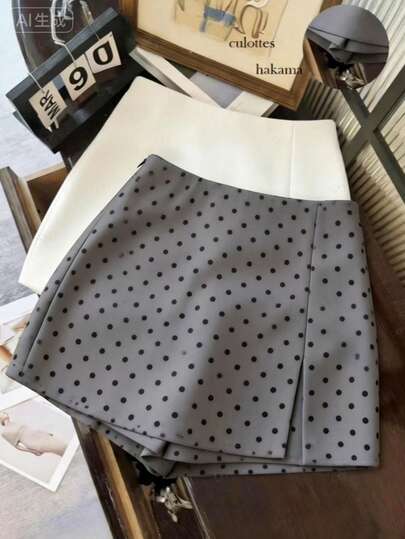 Franclia Women's Casual Elegant Faux Two Pieces A-Line Slit Waist Polka Dot Print Skort, Suitable For Dates, Office, Commuting, Business, Home, Outings