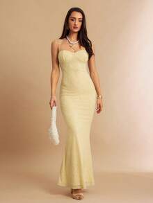 Silquee Đầm nữ Jacquard ôm dáng đuôi cá thanh lịch với dây đeo mảnh. - Vàng nhạt - Xem 3