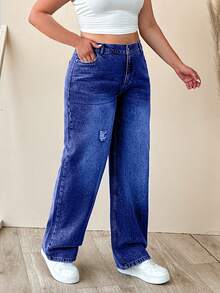 EURMUSE 100% Cotton Plus Size Women's Mid-Blue Elastic Waist Straight Leg Jeans - Dark Wash - View 3
