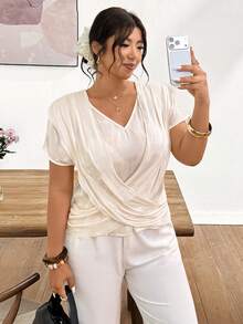 Lounesse Plus Size Women V-Neck Criss-Cross Twist Front Short Sleeve Blouse,Elegant Summer White Draped Top For Bachelorette Party,Tea Party Ivory Cream Top - Apricot - View 5
