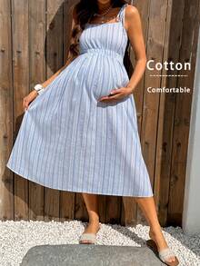 Boho Mama Đầm bầu mùa hè dáng rộng kẻ sọc buộc dây vai - Màu xanh lam - Xem 3