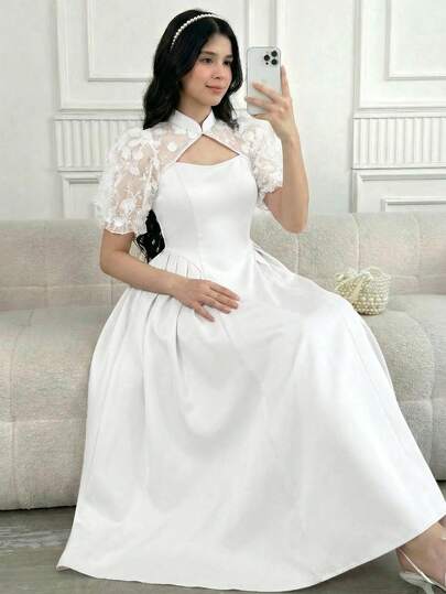 SHEIN Vestido elegante de manga corta para adolescentes con cintura de malla de contraste y plisado