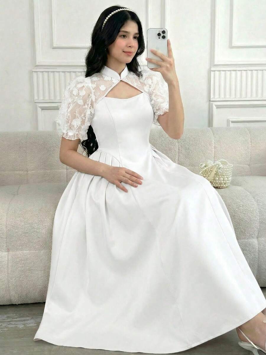 SHEIN Teen Girls' White Contrast Mesh Waist Ruched Elegant Short Sleeve Dress,Kids - White - View 1