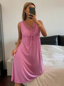 DAZY Women's Lace Patchwork Sleeveless Nightgown, Summer - Pink - View 6