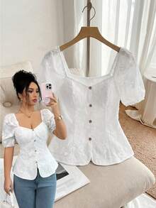 SHEIN Elenzya Camicia estiva casual con ricamo floreale a tinta unita - Bianco - Visualizzare 1